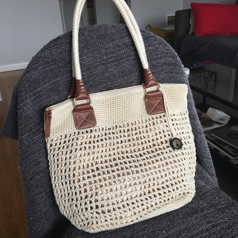 The Sak cream/ bronze woven tote shoulder bag